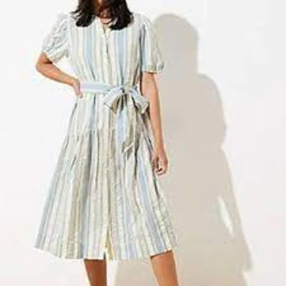 loft green striped dress Ann Taylor Loft Green And Blue Striped Dress With Side Pleat Detail Sz L EUC